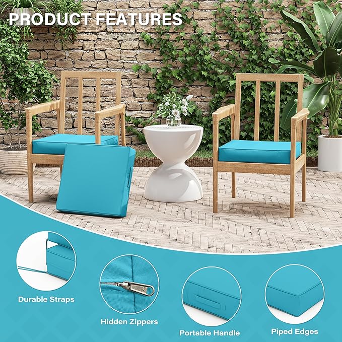 Patio Chair Cushions 17 X 16 X 3 Inch Waterproof Outdoor Seat Cushions for Patio Furniture, Outdoor Sofa Couch Pads with Ties & Handle, Set of 2, Lake Blue