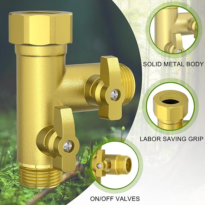 High Flow Solid Metal 2 Way โ Type Garden Hose Splitter with Shut-Off Valves, 360 Degree Rotation 3/4" Spigot Faucet Connectors with 2 Extra Silicone Washers