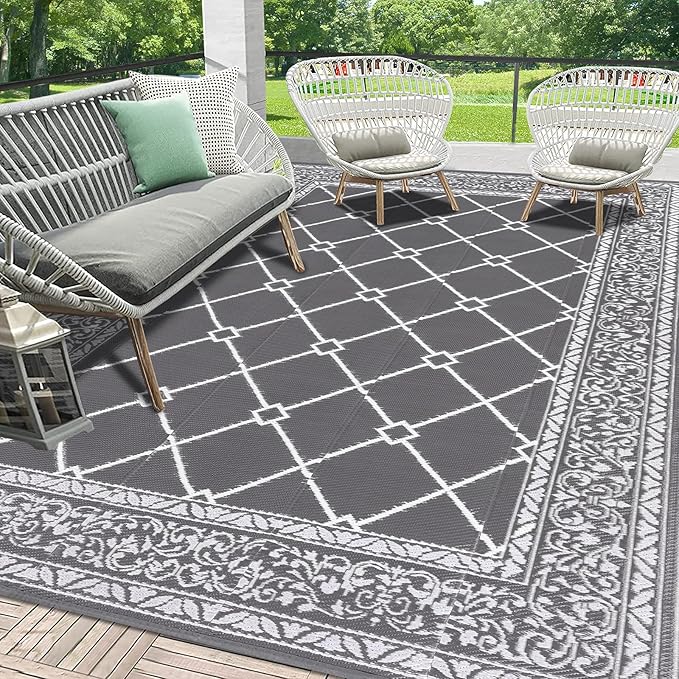 HEBE Outdoor Rug Waterproof 9x12, Reversible Plastic Straw Rug RV Camping Rug, Indoor Outdoor Patio Mat Clearance, Outside Carpet for Porch,Deck,Camper,Balcony,Backyard,Picnic