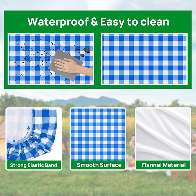 RNOONY Vinyl Fitted Picnic Table Cover with Bench Covers and Bag, 6ft Outdoor Waterproof Picnic Tablecloth with Elastic Edges, 72x30 Inches 3 Pcs Set (Blue Checkered)