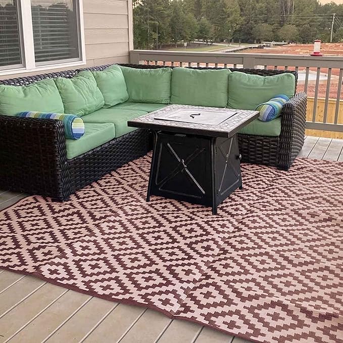 8x20 Brown & Tan RV Patio Mat with Carry Bag – Extra Thick 5mm Recycled Poly Rug – Heavy-Duty, Waterproof, Reversible – Premium Outdoor Mat for Campsite, Deck (8'x 20', Brown Diamond)