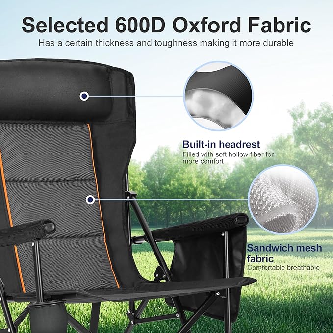 LET'S CAMP Oversized Camping Chairs 29.52" High Back Heavy Duty Lawn Chair Support 500LBS, Portable Collapsible Chair with Cup Holder, Side Pocket(Black)
