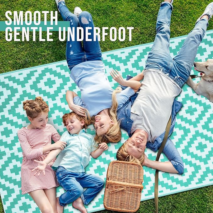 OLANLY Waterproof Outdoor Rug 4x6 ft, Outdoor Plastic Straw Rug for Camping, RV Mat Outside, Outdoor Carpet for Porch, Deck, Backyard, Balcony, Picnic, Turquoise & White