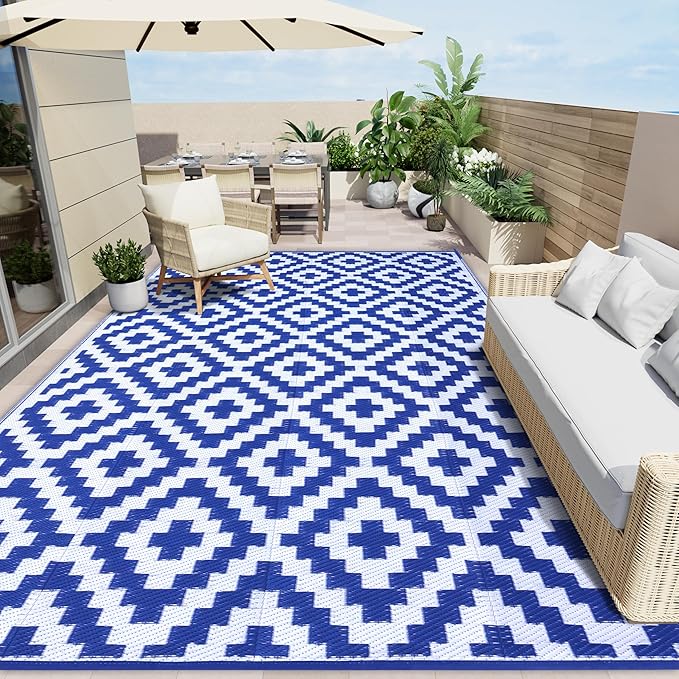 OLANLY Waterproof Outdoor Rug 9x12 ft, Outdoor Plastic Straw Rug for Camping, RV Mat Outside, Outdoor Carpet for Porch, Deck, Backyard, Balcony, Picnic, Blue & White