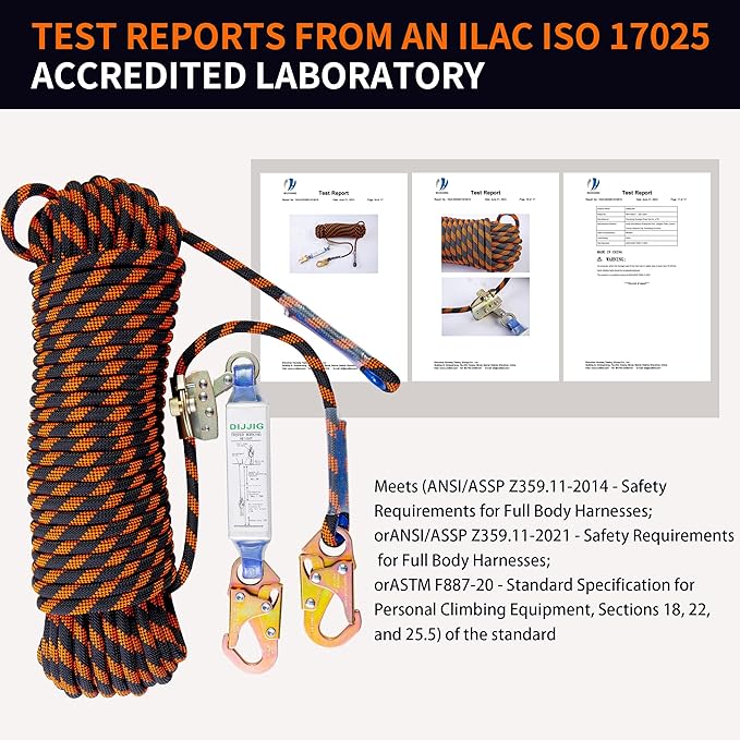 Rope Harness Safety Lanyard 100ft Vertical Roofing Rope with Grab Snap Hooks Shock Absorber Fall Protection Tree Climbing Line Kit Heavy Duty Roof Safety Equipment ANSI CE