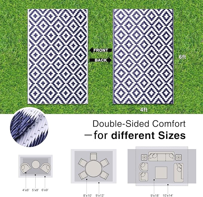 OLANLY Waterproof Outdoor Rug 4x6 ft, Outdoor Plastic Straw Rug for Camping, RV Mat Outside, Indoor Outdoor Carpet for Porch, Deck, Backyard, Balcony, Picnic, Navy & White