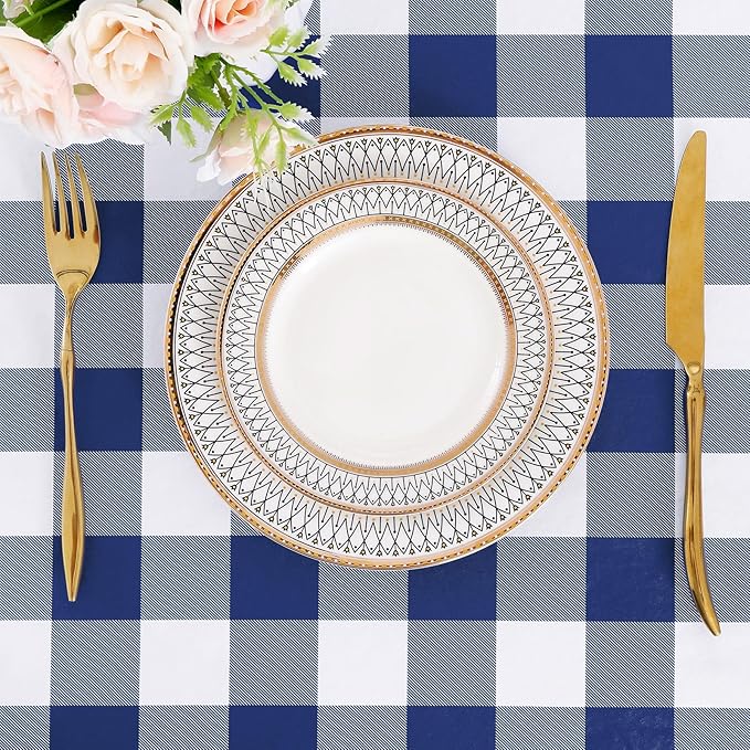 misaya Rectangle Waterproof Vinyl Table Cloth, Buffalo Flannel Backed Tablecloth, Wipeable Plastic Table Cover for Dinner, Kitchen, Outdoor (60" x 120", White and Navy)