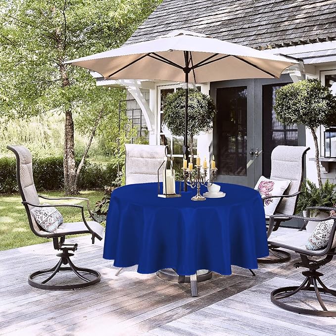 LUSHVIDA Round Outdoor Tablecloth with Umbrella Hole and Zipper, 60 Inch Blue, Washable Waterproof Table Cloth Spill Proof Wrinkle Free Table Cover for Patio Spring Summer Picnic BBQS