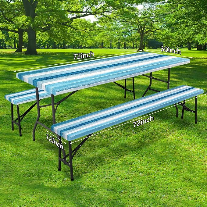 3 Pcs Picnic Table Cover with Bench Covers, 8ft Sky Blue Navy Blue Grey Stripe Elastic Edge Reusable Waterproof Table Cloth, 96x30in Fitted Picnic Tablecloth for Camping Patio Travel RV Essentials