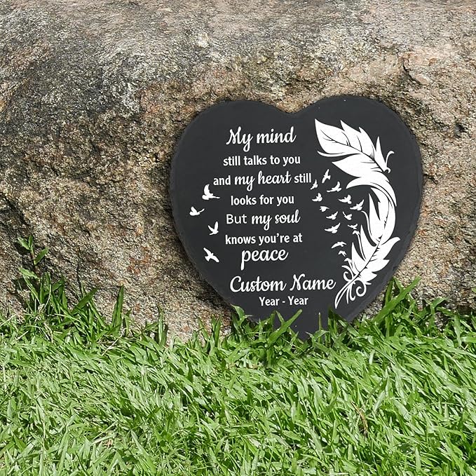 Slate Memorial Garden Stone Personalized, Stepping Stones Memorial Gifts for Loss of Loved One, in Loving Memory, Sympathy Stone, Memorial Plaque, My Mind Still Talks to You TNP42 (2, Heart)