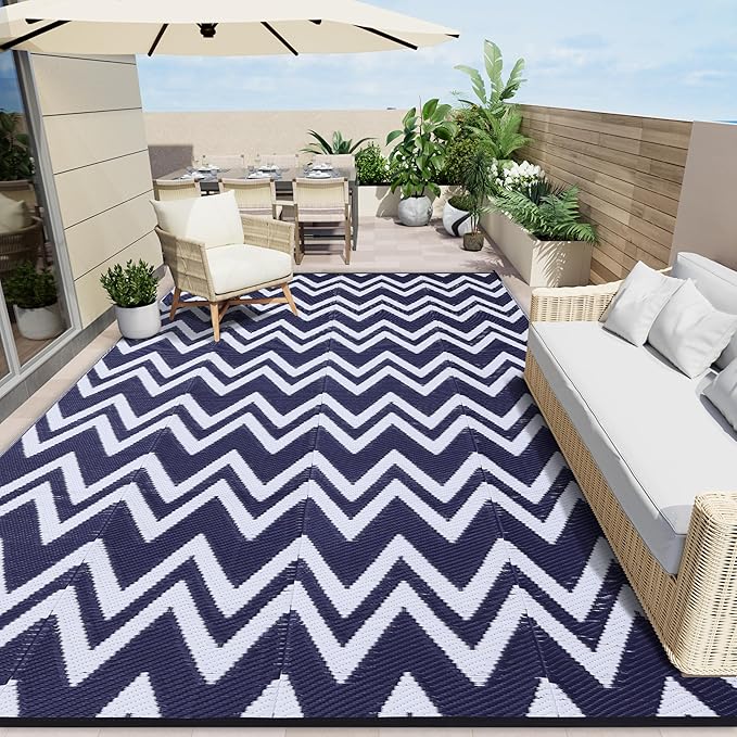 OLANLY Waterproof Outdoor Rug 9x12 ft Clearance, Reversible Outdoor Plastic Straw Rug, RV Mat, Indoor Outdoor Carpet for Patio, Camping, Balcony, Deck, Backyard, Navy & White