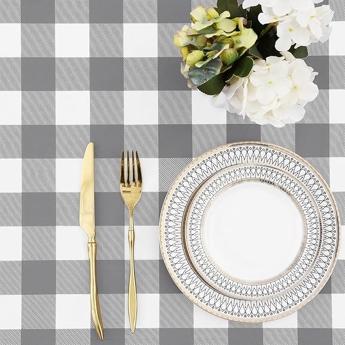 misaya Buffalo Rectangle Picnic Tablecloth, 8 Foot Elastic Fitted Vinyl Table Cloth with Flannel Backing, Waterproof Plaid Table Covers for Dining, Camping, Outdoor (Grey and White, 30" x 96")