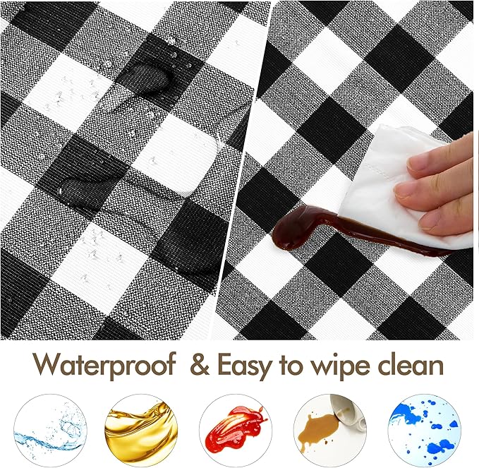 Fitable 2 Pack Vinyl Fitted Tablecloth Round, Black and White - Waterproof Checkered Elastic Tablecloth Flannel Backed Gingham Table Cover for Outdoor Picnic Dining (Fit for 36"-44" Round Tables)