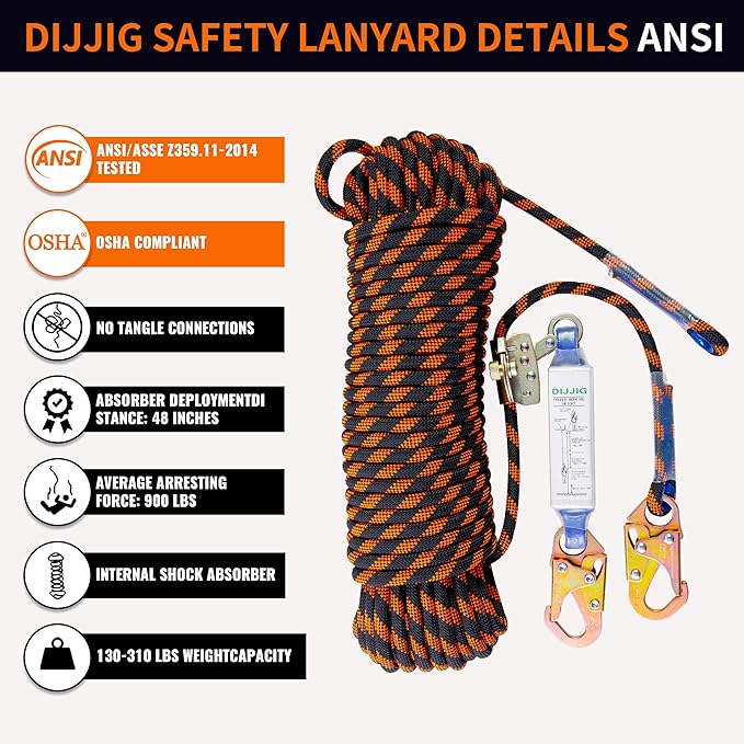Rope Harness Safety Lanyard 50ft Vertical Roofing Rope with Grab Snap Hooks Shock Absorber Fall Protection Tree Climbing Line Kit Heavy Duty Roof Safety Equipment ANSI CE