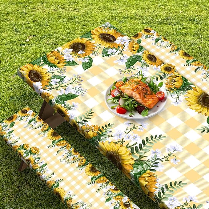 Picnic Table Cover with Bench Covers Elastic Edges, Yellow Fitted Table Cover, Outdoor Patio Camping Essentials 60 Inch 3PCS, Waterproof Camping Fitted Tablecloth with Drawstring Bag