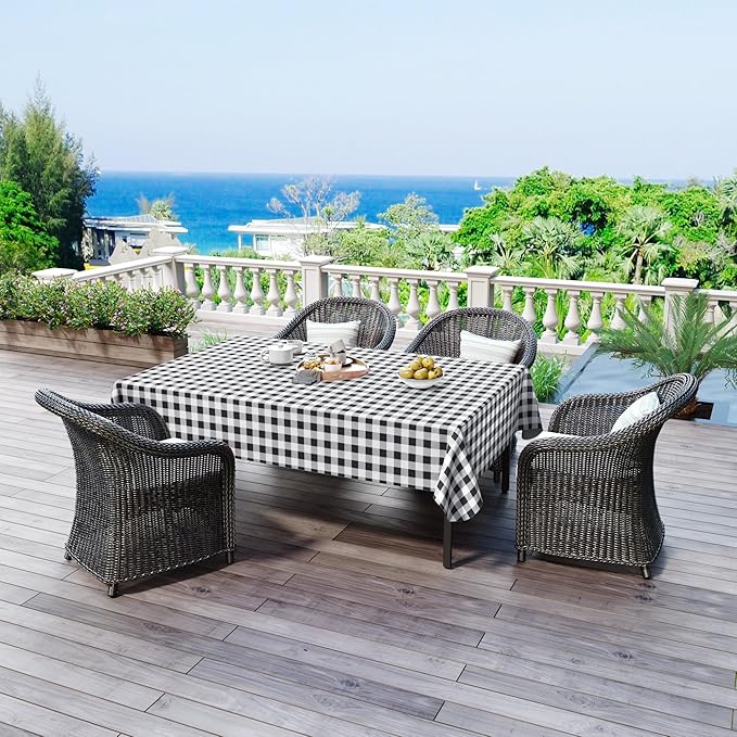 misaya Rectangle Waterproof Vinyl Table Cloth, Buffalo Flannel Backed Tablecloth, Wipeable Plastic Table Cover for Dinner, Kitchen, Outdoor (60" x 144", Black and White)