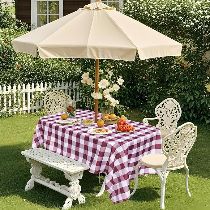 SquarePie Outdoor Tablecloth with Umbrella Hole and Zipper Rectangle Waterproof Table Cloth Spillproof Table Cover for Camping Picnic Patio Garden, 52x70 Burgundy Red Checkered
