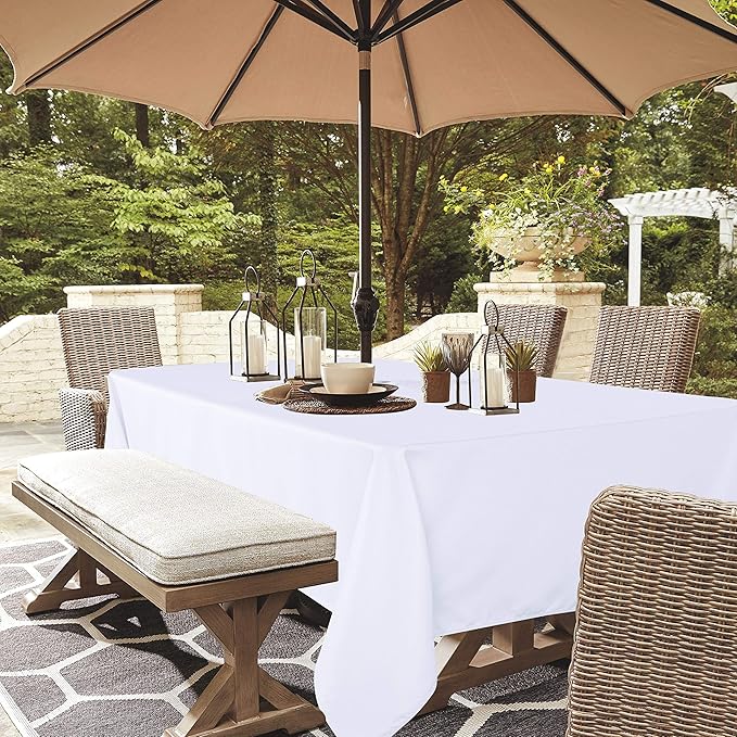 LUSHVIDA Rectangle Outdoor Tablecloth with Umbrella Hole and Zipper, 52x70 Inch White, Washable Waterproof Table Cloth Spill Proof Wrinkle Free Table Cover for Patio Spring Summer Picnic BBQS