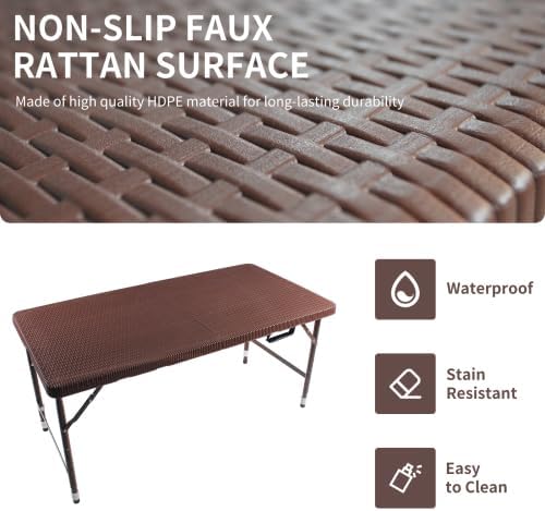 Rattan Folding Table 4ft Heavy-Duty Portable Outdoor Picnic Table for Party Dining Camping Tables with Handle(Brown)
