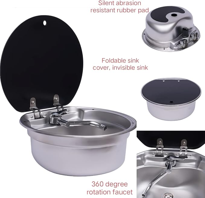 RV, Bar, Kitchen Sink with Folde Faucet C &Lid, Undermount Stainless Steel Single Bowl Small Drop In Sink Hand Wash Basin for Workstation, RV, Boat, Kitchen, Camper Van,Bar