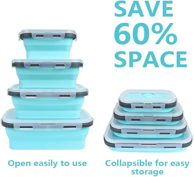 Set of 4 Collapsible Foldable Silicone Food Storage Containers,Ktichen Collapsible Storage Bowls with Airtight Plastic Lids for Leftover, Silicone Lunch Box-Microwave,Dishwasher,Freezer Safe