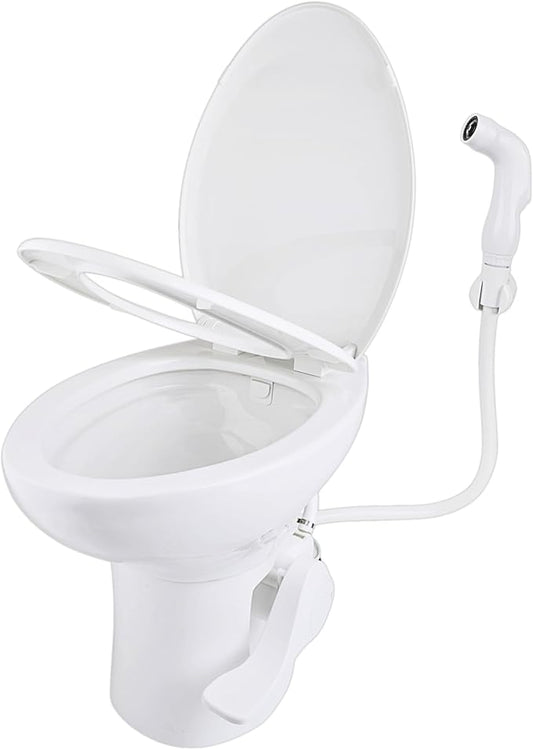 SEAFLO Ceramic Residential Height Camper/RV Toilet with Sprayer Attachment & Elongated Ceramic Bowl, 19” Standard Height, Gravity Flush System, Foot Pedal Operation, Soft Close Seat, 4-Year Warranty