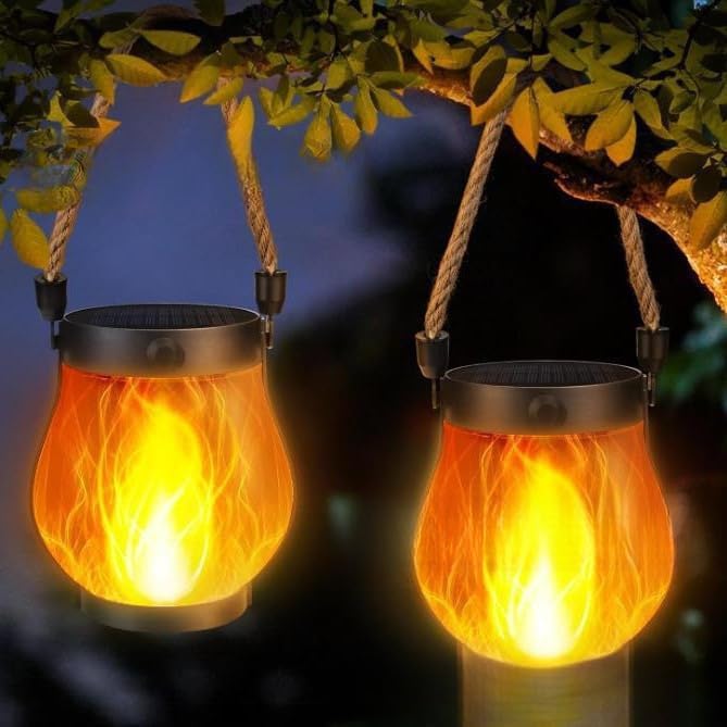 Solar Lantern Outdoor lamp - Waterproof Type Solar Flame lamp Can be Hung and Features Dancing Flames. Hemp Rope Suspended Flame Lantern, Dual Charging Mode, Smoke-Free (5PC)