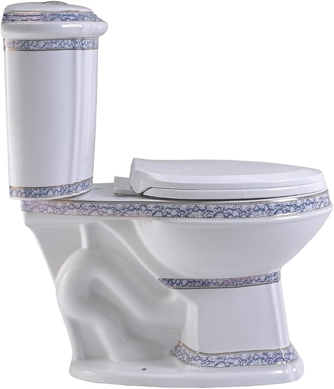 Renovators Supply India Reserve Elongated Two Piece Bathroom Toilet Modern Blue Gold Colour Dual Flush Push Button Slow Close Toilet Seat 0.8/1.6 GPF WaterSense ADA Heavy Duty Porcelain Oval