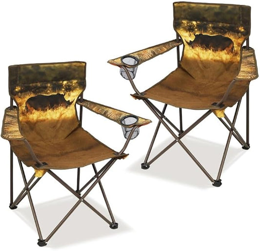 2 Pcs Animal Pattern Camping Chair,Folding Backpacking Lightweight Beach Chair w/Cup Holder,Side Pocket,Carry Bag,Portable Adults Lawn Chair for Family Outdoor,Hiking,Parties,Rhinoceros