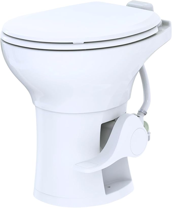 SEAFLO Residential Height Camper/RV Toilet with Elongated Ceramic Bowl, 19” Standard Height, Gravity Flush System, Foot Pedal Operation, Soft Close Seat, 4-Year Warranty