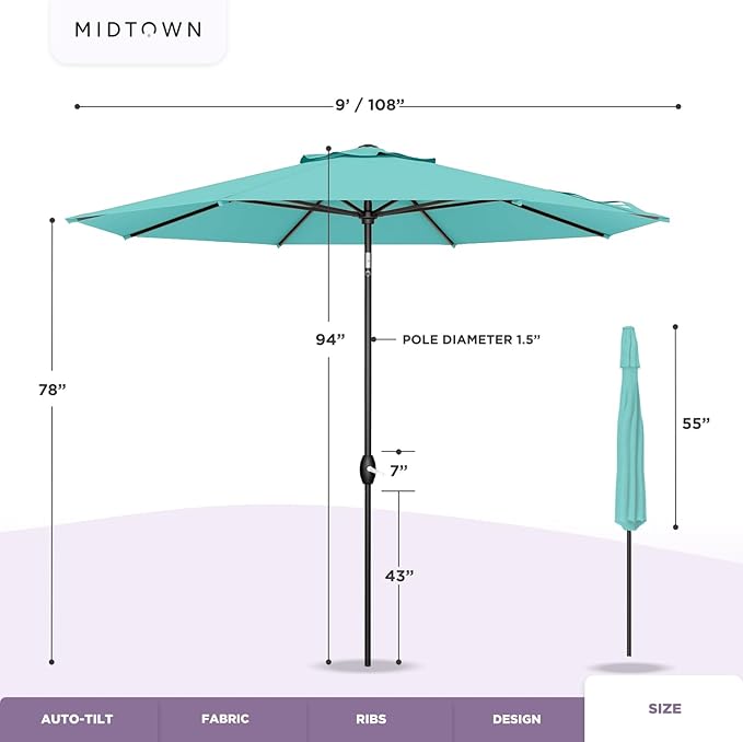 Midtown Umbrellas 10-Year-No-Fade - 9 Ft - UV Proof Midnight Blue Polyester Fabric - Umbrella Outdoor Patio, Auto-Tilt Aluminum Frame Patio Umbrella for Garden, Pool & Deck - Black Pole