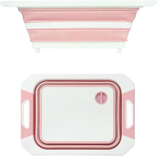 Camping Collapsible Cutting Board Dish Basin BBQ Prep Tub Camp Sink Dish Washing Station Multifunctional Storage Basket(Pink white)