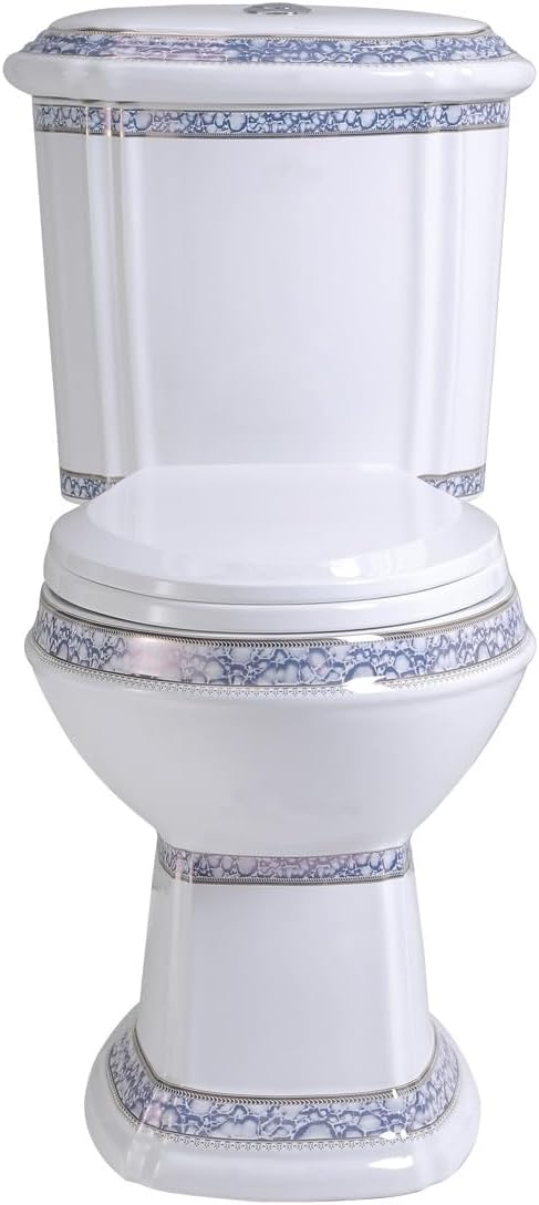 Renovators Supply India Reserve Elongated Two Piece Bathroom Toilet Modern Blue Gold Colour Dual Flush Push Button Slow Close Toilet Seat 0.8/1.6 GPF WaterSense ADA Heavy Duty Porcelain Oval