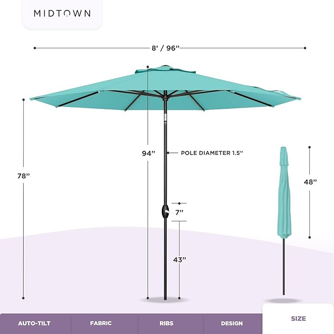 Midtown Umbrellas 10-Year-No-Fade - 8 Ft - UV Proof Matter (Grey) Polyester Fabric - Umbrella Outdoor Patio, Auto-Tilt Aluminum Frame Patio Umbrella for Garden, Pool & Deck - Black Pole