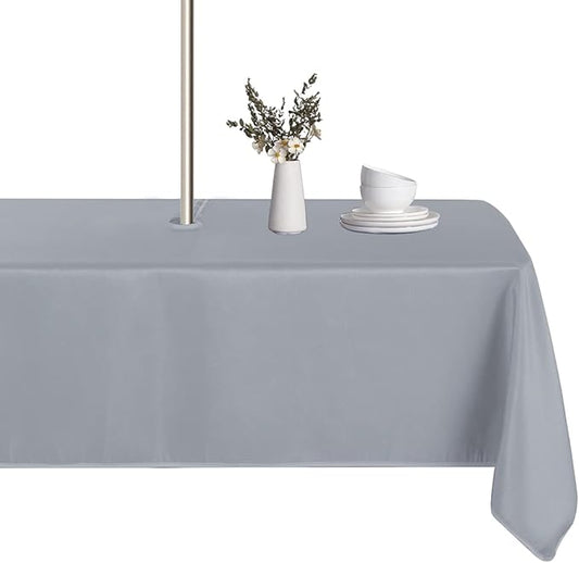 LUSHVIDA Rectangle Outdoor Tablecloth with Umbrella Hole and Zipper, 60x102 Inch Silver, Washable Waterproof Table Cloth Spill Proof Wrinkle Free Table Cover for Patio Spring Summer Picnic BBQS