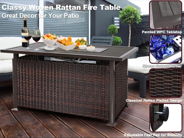 NOBLEMOOD 48 INCH Propane Fire Pit Outdoor Fire Table with Glass Beads, 50,000 BTU Gas Fire Pit Table w/Aluminum Table Top, Waterproof Cover for Outdoor, Patio, Garden, CSA Certification