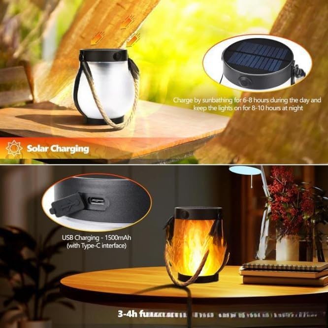 Solar Lantern Outdoor lamp - Waterproof Type Solar Flame lamp Can be Hung and Features Dancing Flames. Hemp Rope Suspended Flame Lantern, Dual Charging Mode, Smoke-Free (5PC)