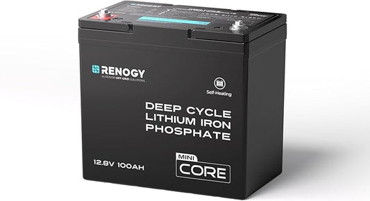 Renogy 12V 100Ah Lithium LiFePO4 Battery Self-Heating w/DuoHeat Tech, Built-in 100A BMS in Mini Size, Deep Cycle Batteries for Icefishing, RVs, Cabins, and Off-Grid Systems
