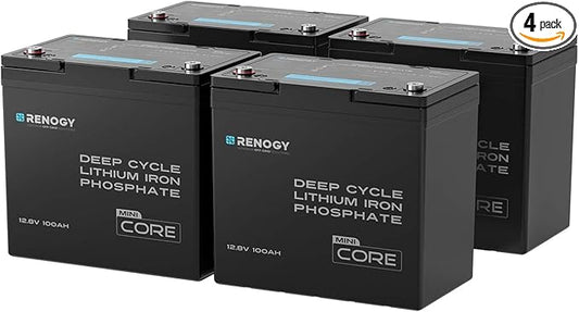 Renogy 4PCS 12V 100Ah LiFePO4 Lithium Battery Mini Size, 100A BMS for Ultimate Safety, Deep Cycle Remote Monitoring, Backup for RV, Cabin, Marine, 400ah LiFePO4 Lithium Battery - Core Series