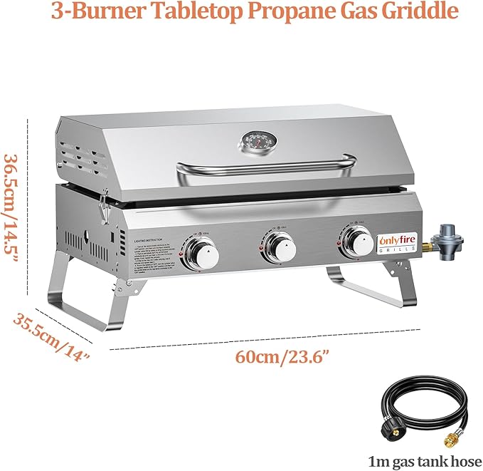 Tabletop Gas Griddle with Foldable Legs, Portable 3-Burner Propane Gas Flat Top Grill Griddle for Outdoor Cooking Patio Barbecue Camping Tailgating RV BBQ, Stainless Steel, #GS309