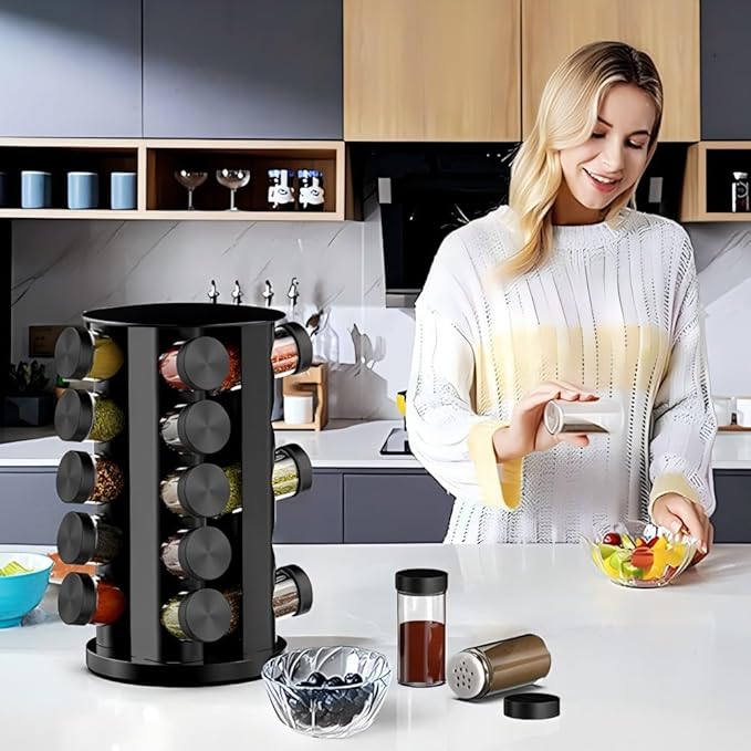 Rotating Spice Rack Organizer for Cabinet, Spice Racks Storage with 20 Jars, Spinning Spice rack for Kitchen Countertop, Spice Holder,Seasoing Storage Racks,Black