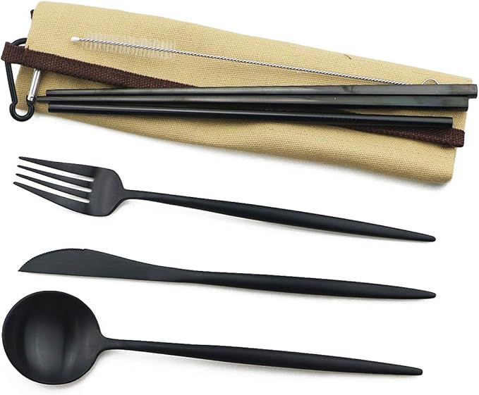 Gugrida Reusable Travel Utensils, 7 Piece Portable 304 Stainless Steel including Knife Fork Spoon Chopsticks Cleaning Brush Straws Portable Pouch, Eco-friendly Camping Silverware Set, Dishwasher Safe