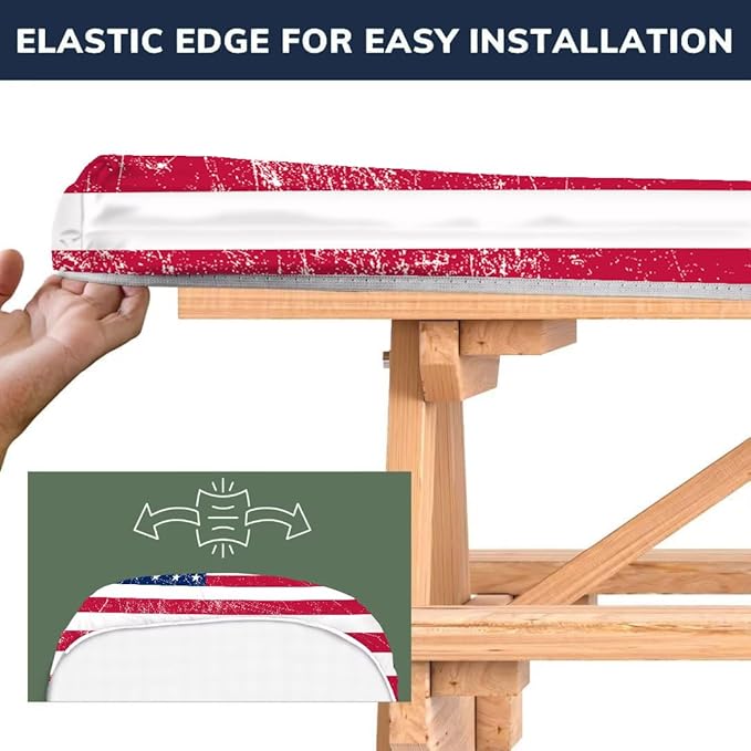 CAPSCEOLL Elastic Picnic Table Cover with Bench Covers 5Ft Waterproof Fitted Picnic Table Cover Cloths for Outdoors Camping Tablecloth with Drawstring Bag, 60X30in, American Flag