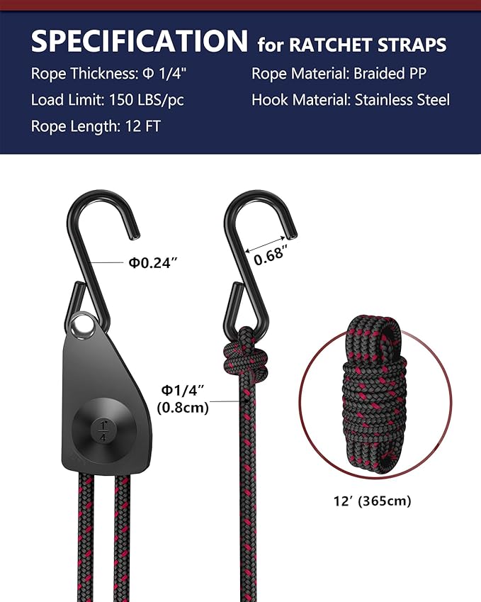 VIPARSPECTRA Ratchet Tie Down Straps, 1/4" Adjustable Rope Hangers [8 Pack, 12FT, 150 lbs/Pack], Heavy Duty Kayak Pulley System with Hooks for Garage Cargo Trucks Tents Grow Lights Various Lashing