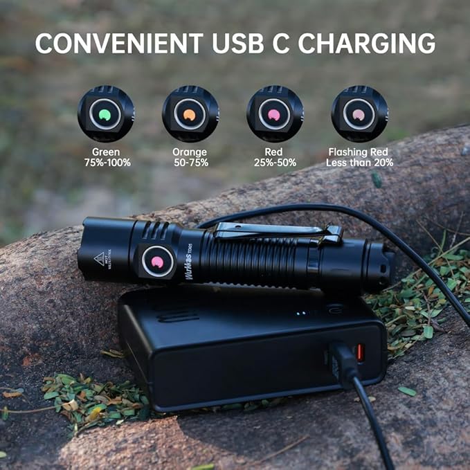 Wurkkos TD05 Rechargeable Flashlights USB C, Max 1800Lumen Tactical Led Flashlight Dual Switch Design, 373M Long Range EDC Flashlight, IP68 Waterproof Flashlight for Indoor Outdoor Usage-Black