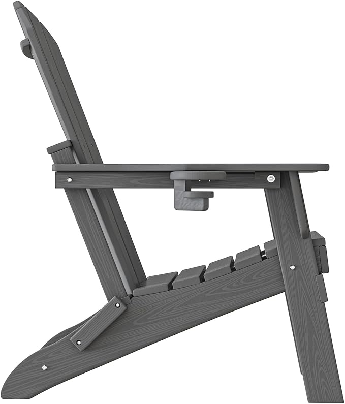 Folding Adirondack Chair, SGS Tested, Wooden Textured with Cup Holder, Heavy All-Weather HDPE Comfortable Set Poolside Backyard Lawn Grey Set 2