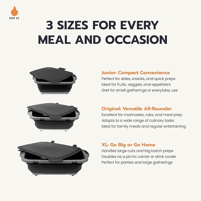 Drip EZ Collapsible BBQ Prep Tubs 3-Piece Set- For Meal Prep Marinating Food Storage - Includes Cutting Board & Lid - (1) JR + (1) OG + (1) XL - Black