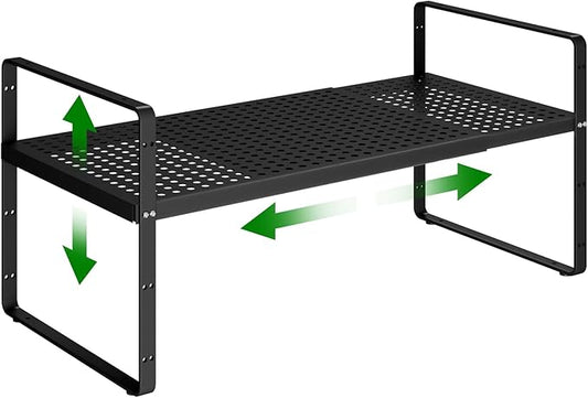 Expandable Kitchen Cabinet Shelf Organizer Rack Heavy Duty Metal Spice Rack Stackable Kitchen Counter Storage Shelf for Kitchen Cabinet Pantry Bathroom (Black - 16.5"-27" L x 10.2" W x 9.6" H - 1Pack)