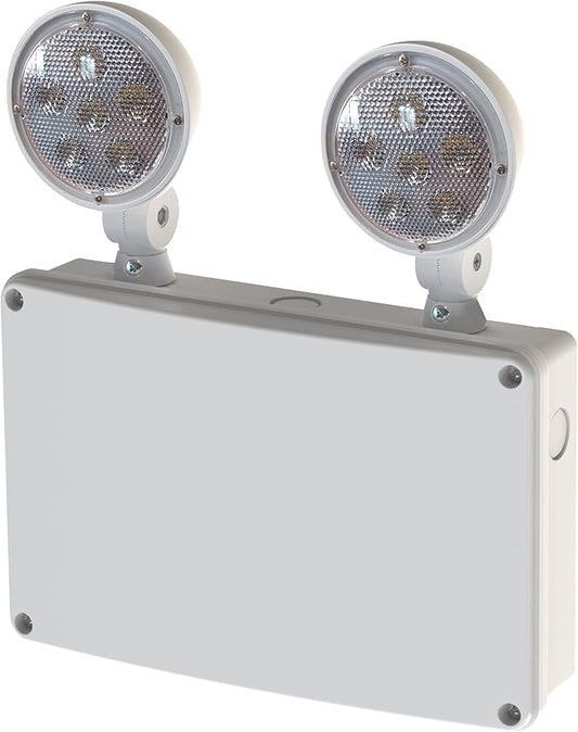 Waterproof LED Emergency Light, White housing, Dual Rotational LED Emergency Light with Backup Battery, Commercial Grade, Fire Resistant，Suitable for Wall Mount, Wet Location WMU