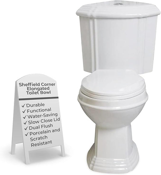 Renovators Supply Sheffield Corner 2-Piece Elongated Toilet 33.75"D X 19"W X 32.25"H WaterSense Dual Flush White Elongated Toilet With Slow Close Seat Heavy Duty Porcelain